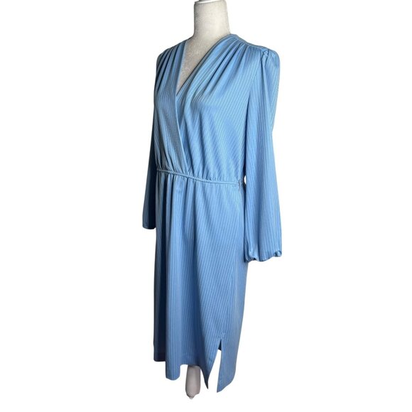 Vintage 80s Faux Wrap Dress Sz Medium Blue Striped Puff Sleeve Elastic Waist - Picture 3 of 6